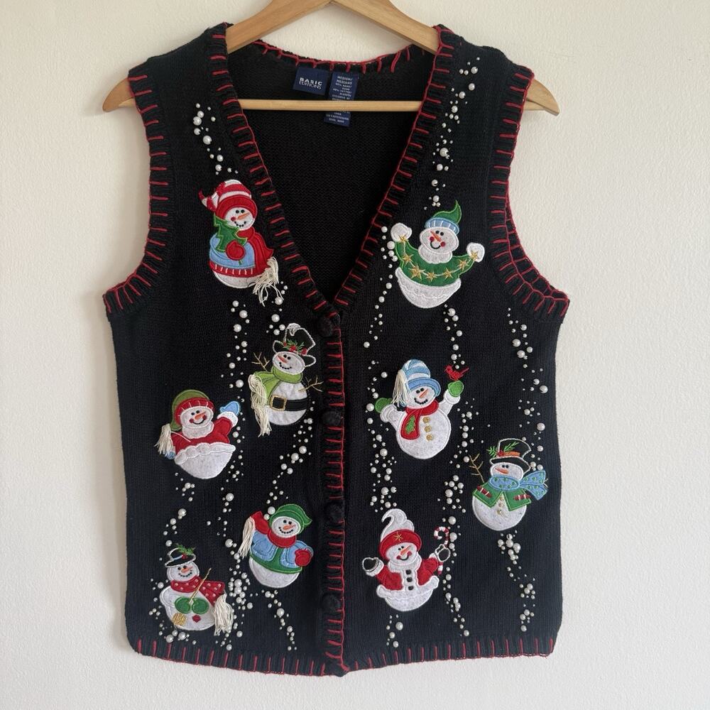 Vintage 90s Basic Editions Snowman Christmas Sweater Vest M Pearl Whimsy Novelty